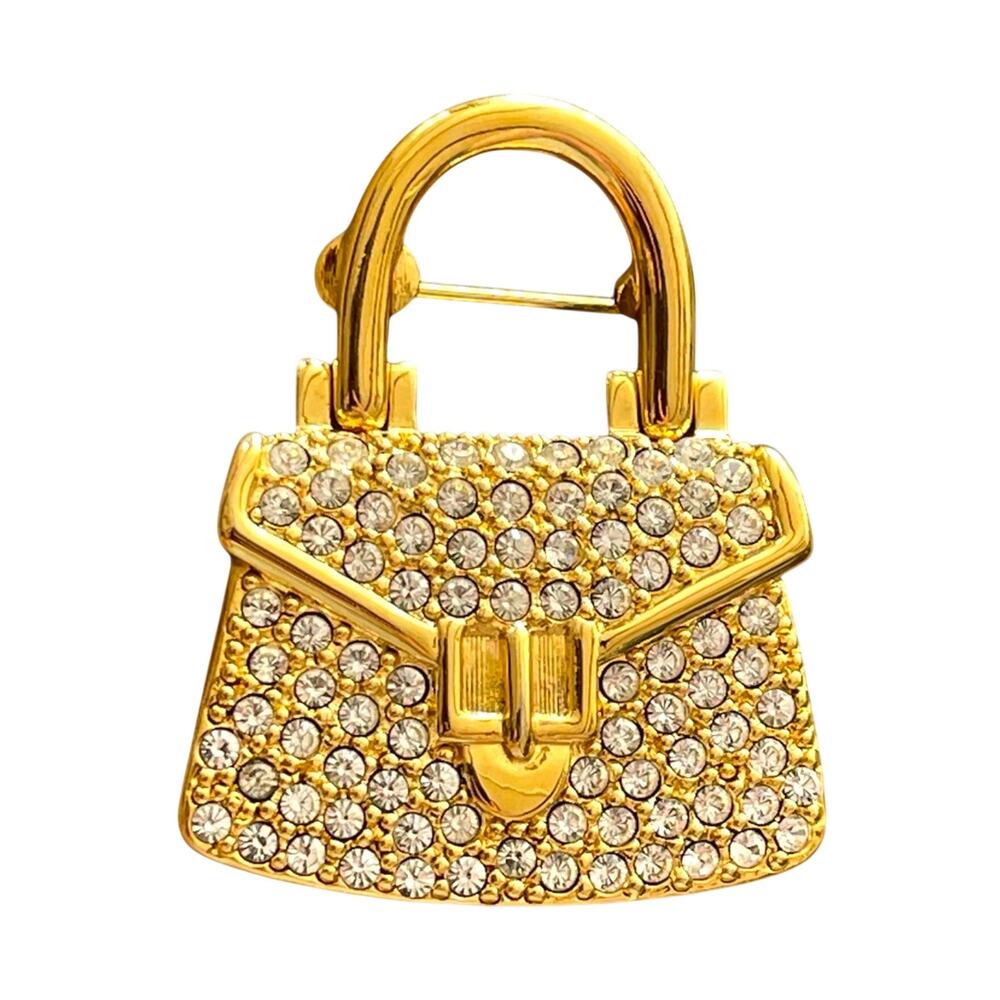 Vintage NAPIER Rhinestone Purse Handbag Brooch Pin Articulated Gold Tone Estate